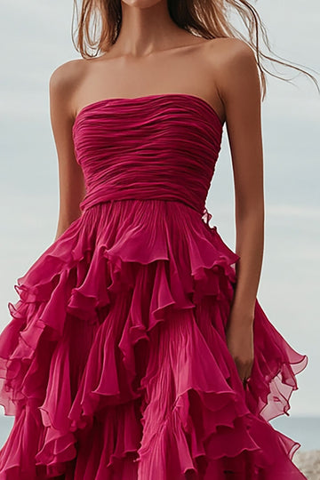 Fuchsia Ruffle A Line Strapless Lange Formele Jurk met Split